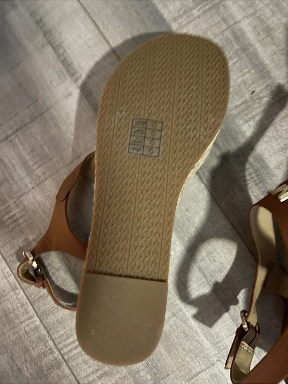 Michael Kors Tan Leather T-Strap Sandals with Gold MK Accent
